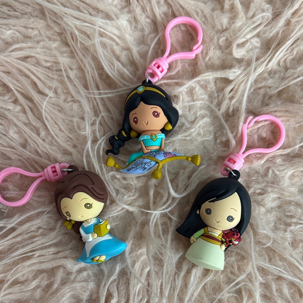 Disney Princess Keychain Trio - Jasmine, Belle, Mulan with Pink Clips